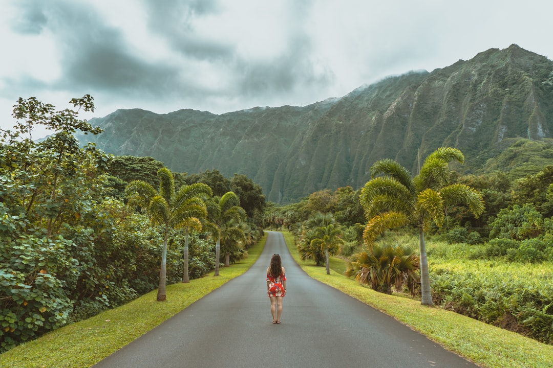 a woman walking down a road in the middle of a forest