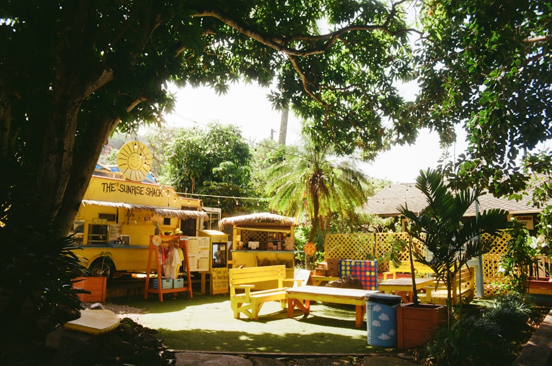 Yellow food trucks in a sunny outdoor seating area