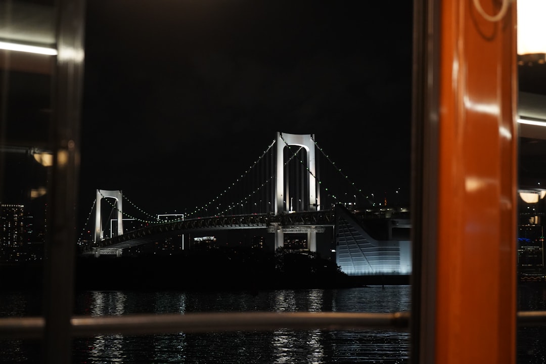 Illuminated suspension bridge over water at night